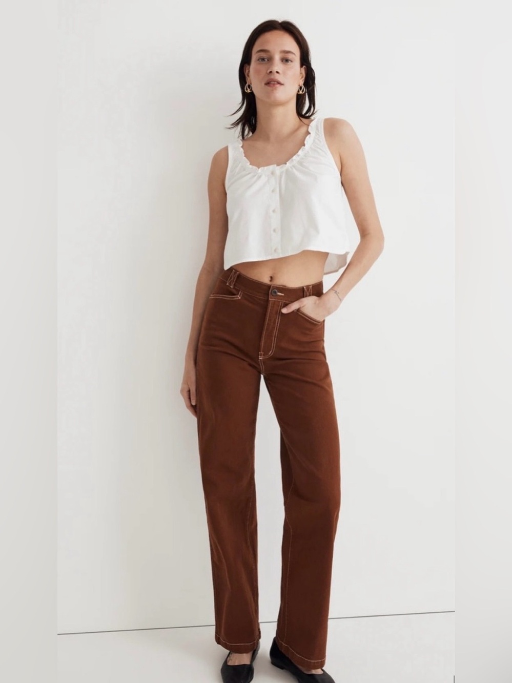 Madewell Emmett wide leg pants red clay color/white stitching